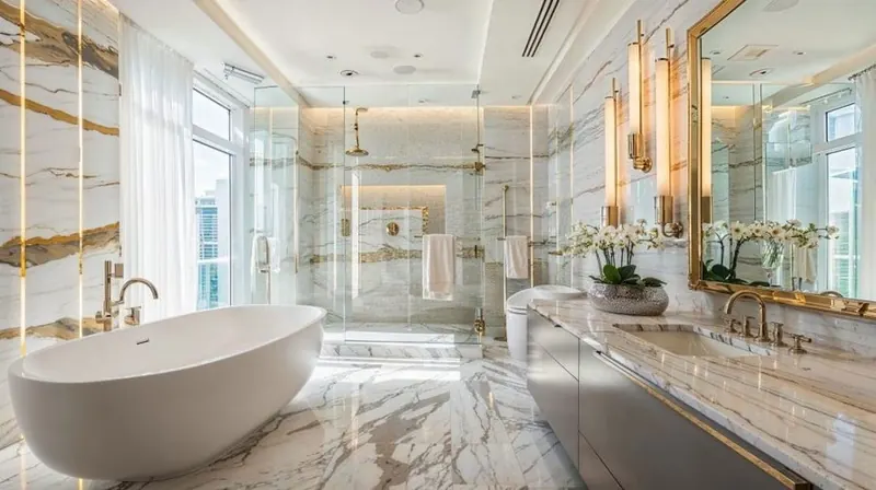 Tiled bathroom with marble floor and walk-in shower installed by Tile with Style in Greenville, SC