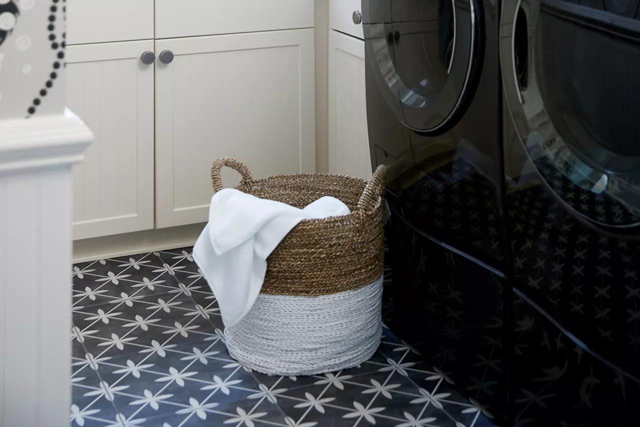 Patterned ceramic tile floor installed by Tile with Style in a Greenville, SC laundry room